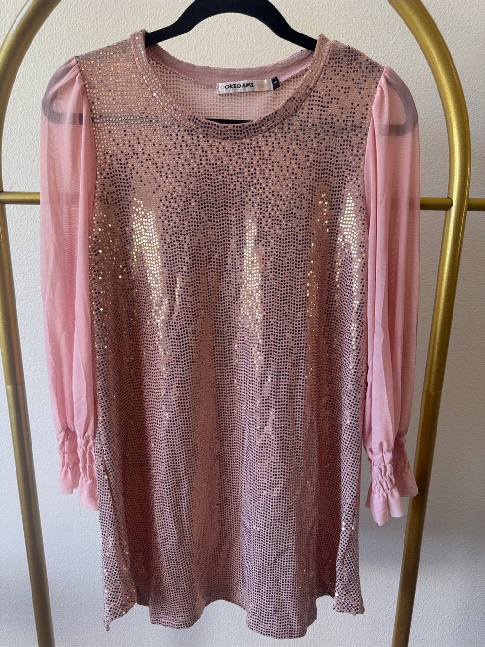 ORIGAMI Pink Sequin Mesh Sleeve Women's Top